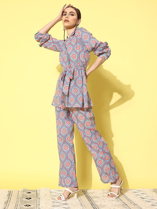 InWeave Women's Blue Pink Ogee Print Belted Coord Set | Grocsy