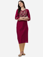 HERE&NOW Women Magenta & Golden Floral Embroidered Kurta | Grocsy