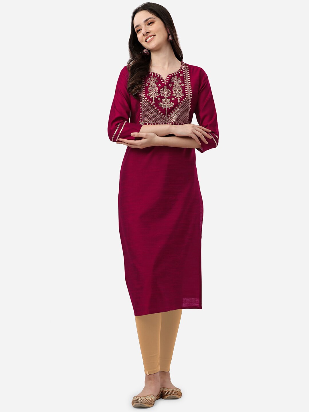 HERE&NOW Women Magenta & Golden Floral Embroidered Kurta | Grocsy