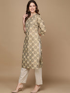 HERE&NOW Beige & Green Ethnic Motifs Printed Sequinned Thread Work Cotton Kurta | Grocsy