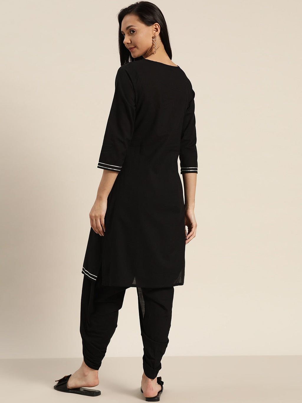 Sangria Women Black & Peach-Coloured Cotton Embroidered Straight Kurta with Dhoti Pants | Grocsy