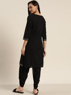 Sangria Women Black & Peach-Coloured Cotton Embroidered Straight Kurta with Dhoti Pants | Grocsy