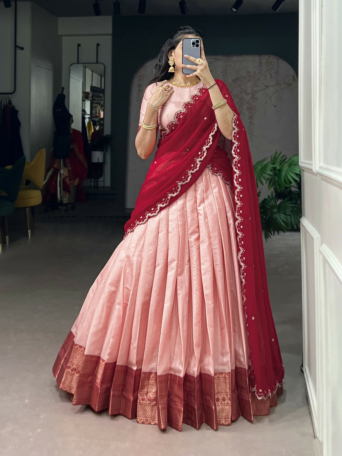Lorenvalley Fashion Peach Cotton Silk Zari Weaving Work Lehenga Choli with Dupatta | Grocsy