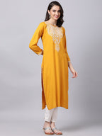 Souchii Women Tan & White Geometric Yoke Design Thread Work Grandeur & Majestic Artwork Kurta | Grocsy