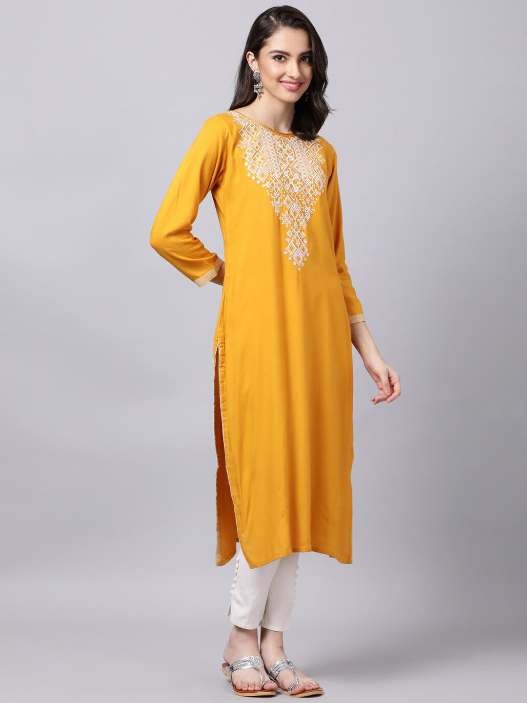 Souchii Women Tan & White Geometric Yoke Design Thread Work Grandeur & Majestic Artwork Kurta | Grocsy