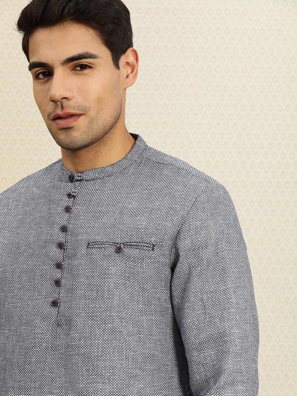 House of Pataudi Men Navy Blue & White Woven Design Straight Kurta | Grocsy