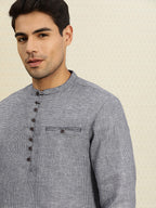 House of Pataudi Men Navy Blue & White Woven Design Straight Kurta | Grocsy