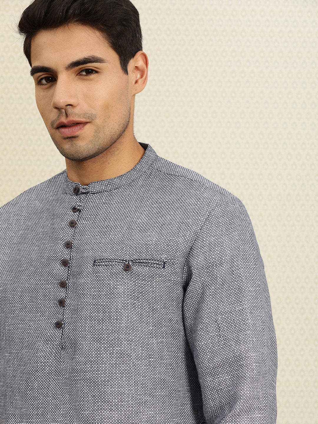 House of Pataudi Men Navy Blue & White Woven Design Straight Kurta | Grocsy