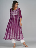 HERE&NOW Purple & White Floral Embroidered Paneled Georgette Anarkali Kurta | Grocsy