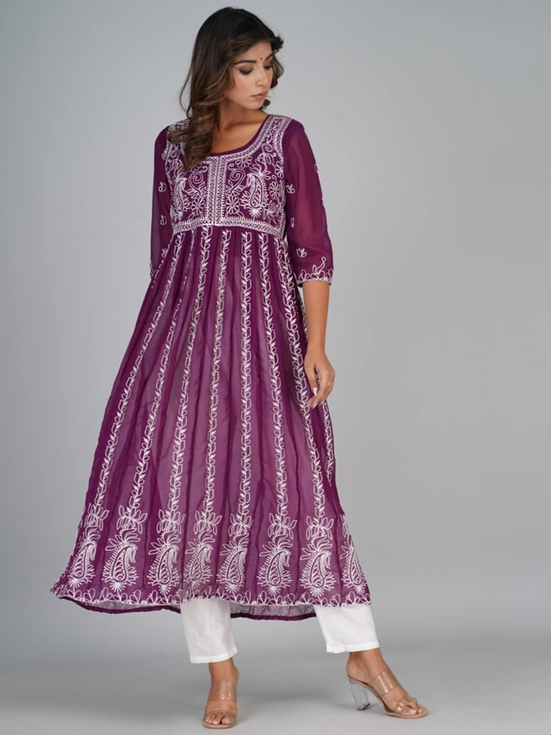 HERE&NOW Purple & White Floral Embroidered Paneled Georgette Anarkali Kurta | Grocsy