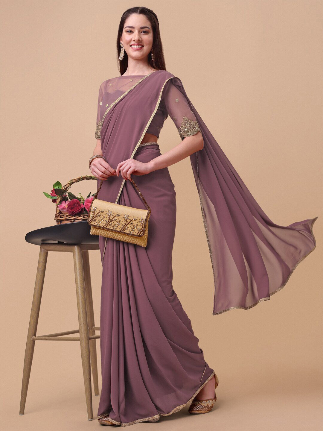 Sangria Mauve Embroidered Poly Georgette Saree | Grocsy