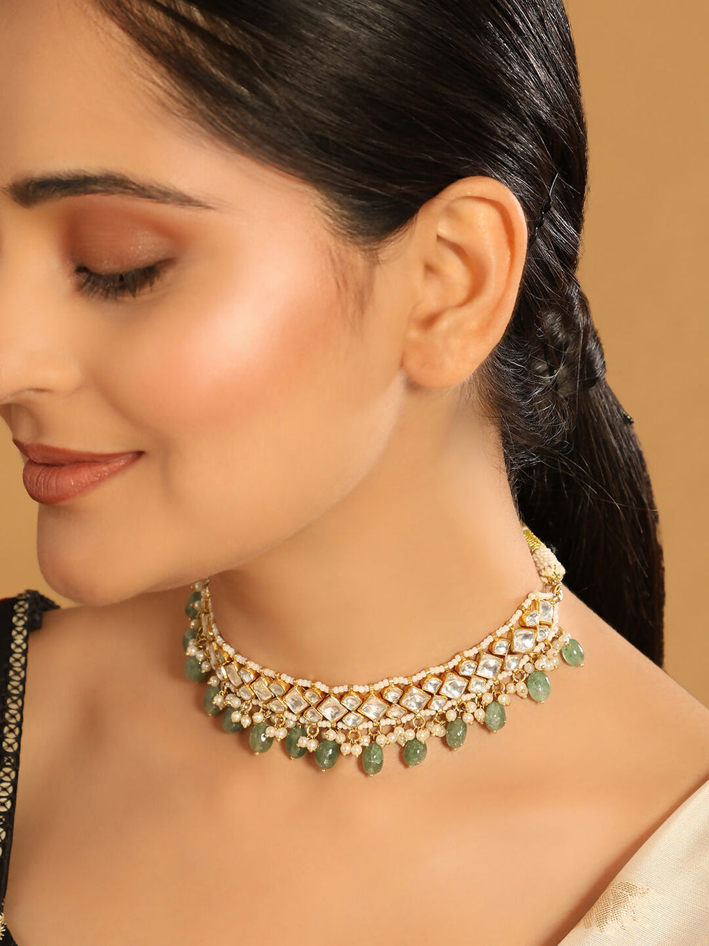 Nuyug 22K Gold Plated Royal Kundan Necklace with Green Stones | Grocsy