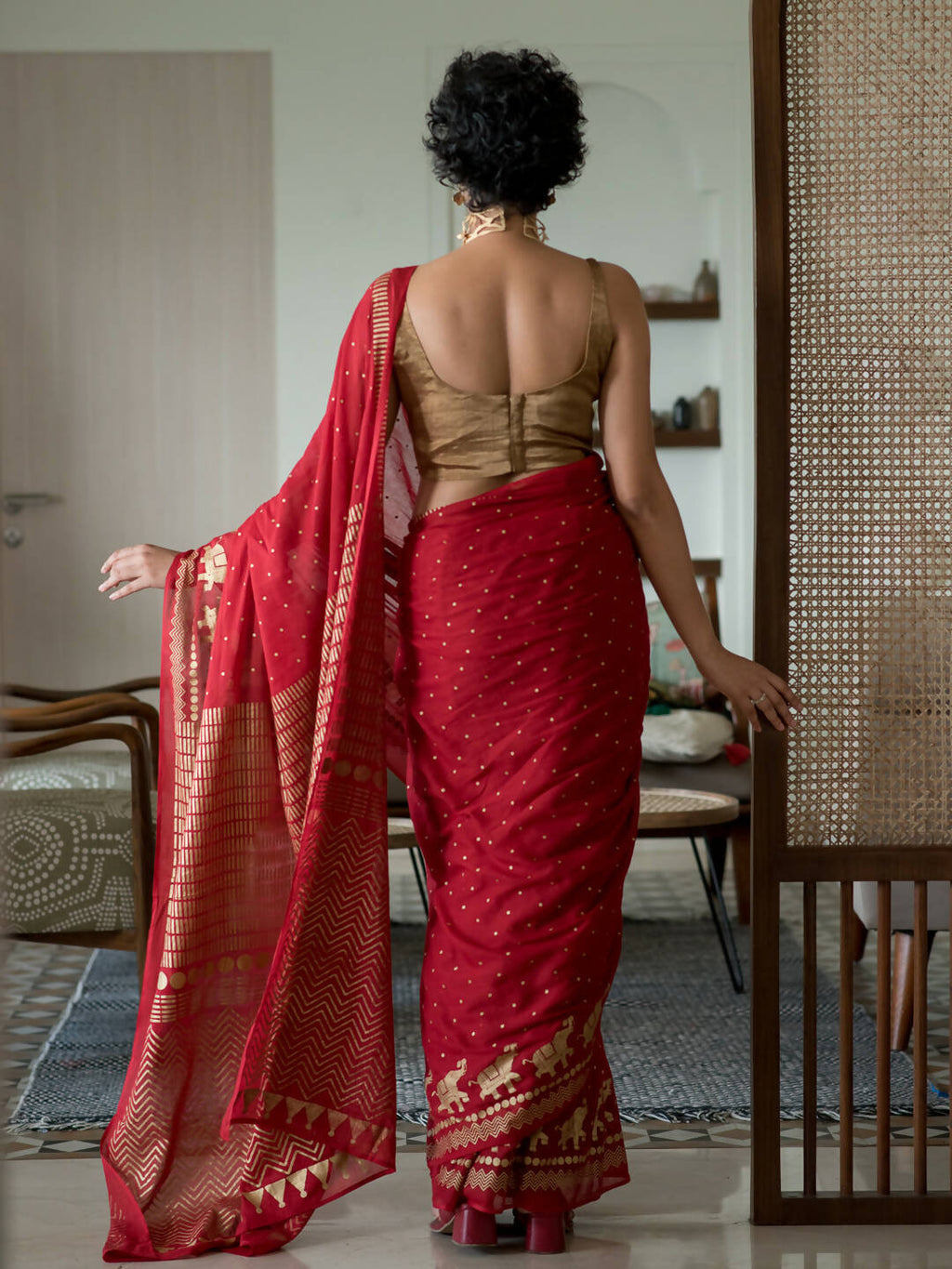 Suta Red Polka Dots Cotton Blend Saree | Grocsy