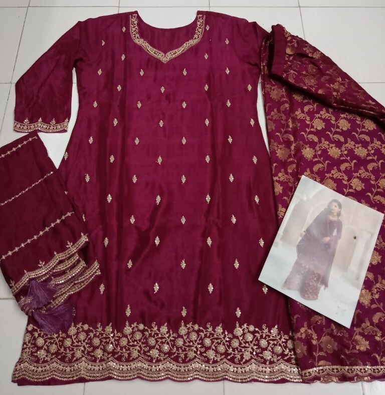 Vastranavya Exquisite Wine Heavy Chinon with Embroidered & Sequins Work Salwar Suits | Grocsy