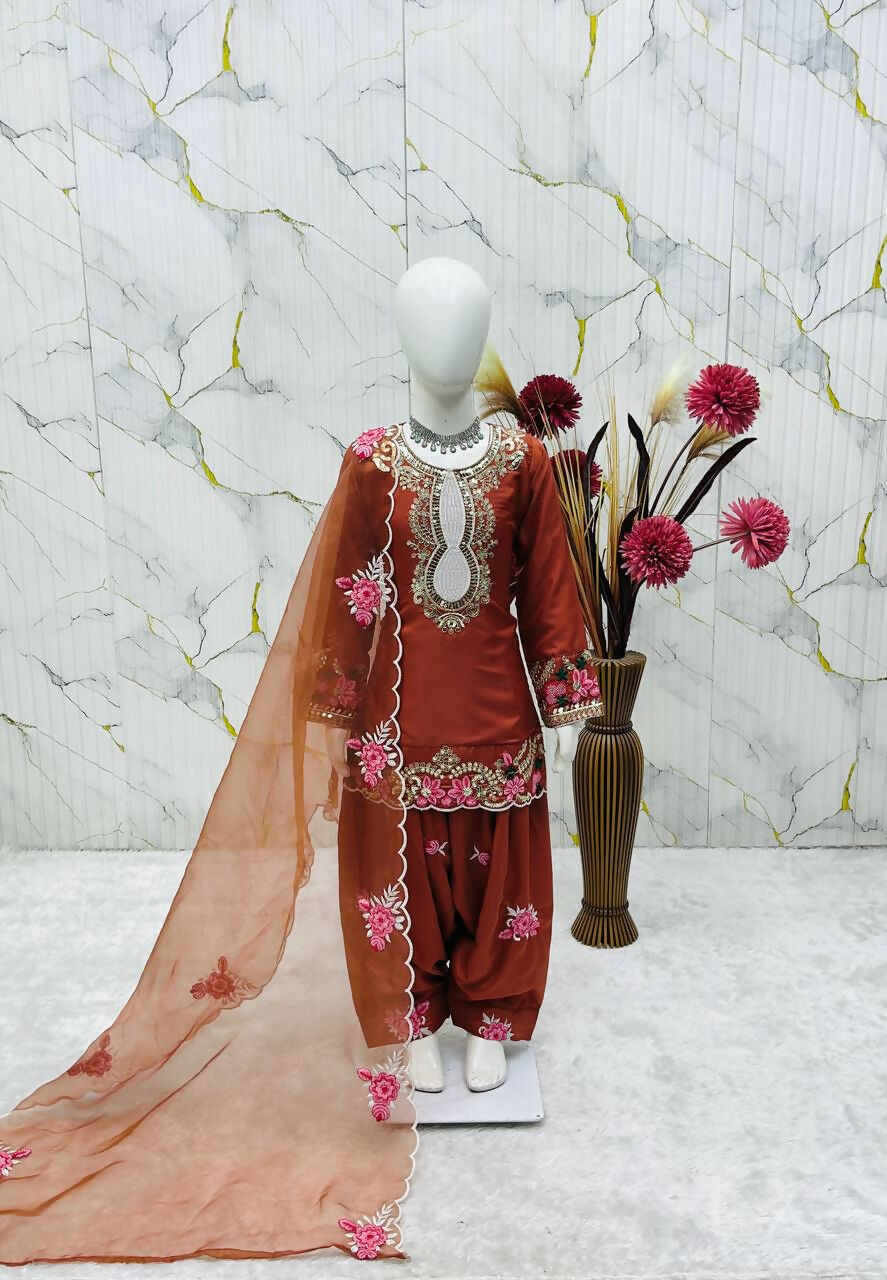 Teeya Creation New Kids Trendy Wedding Wear Traditional Kurta Salwar Set-Orange | Grocsy