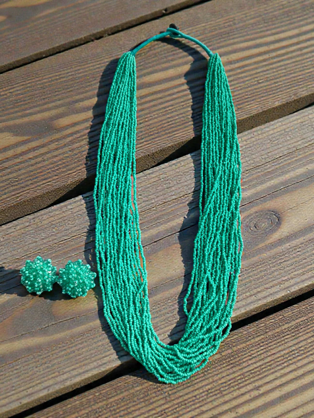 Inhanns Rangsaaz 20-Layer Luxe Long Beaded Necklace (With Optional Statement Earrings) - Sea Green With Earring | Grocsy
