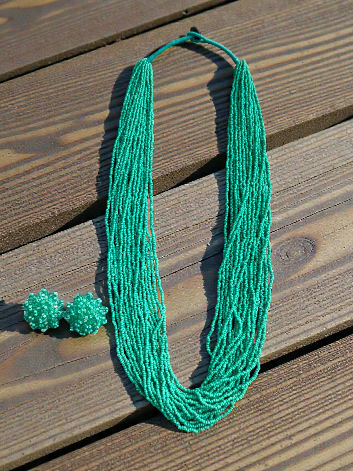 Inhanns Rangsaaz 20-Layer Luxe Long Beaded Necklace (With Optional Statement Earrings) - Sea Green With Earring | Grocsy