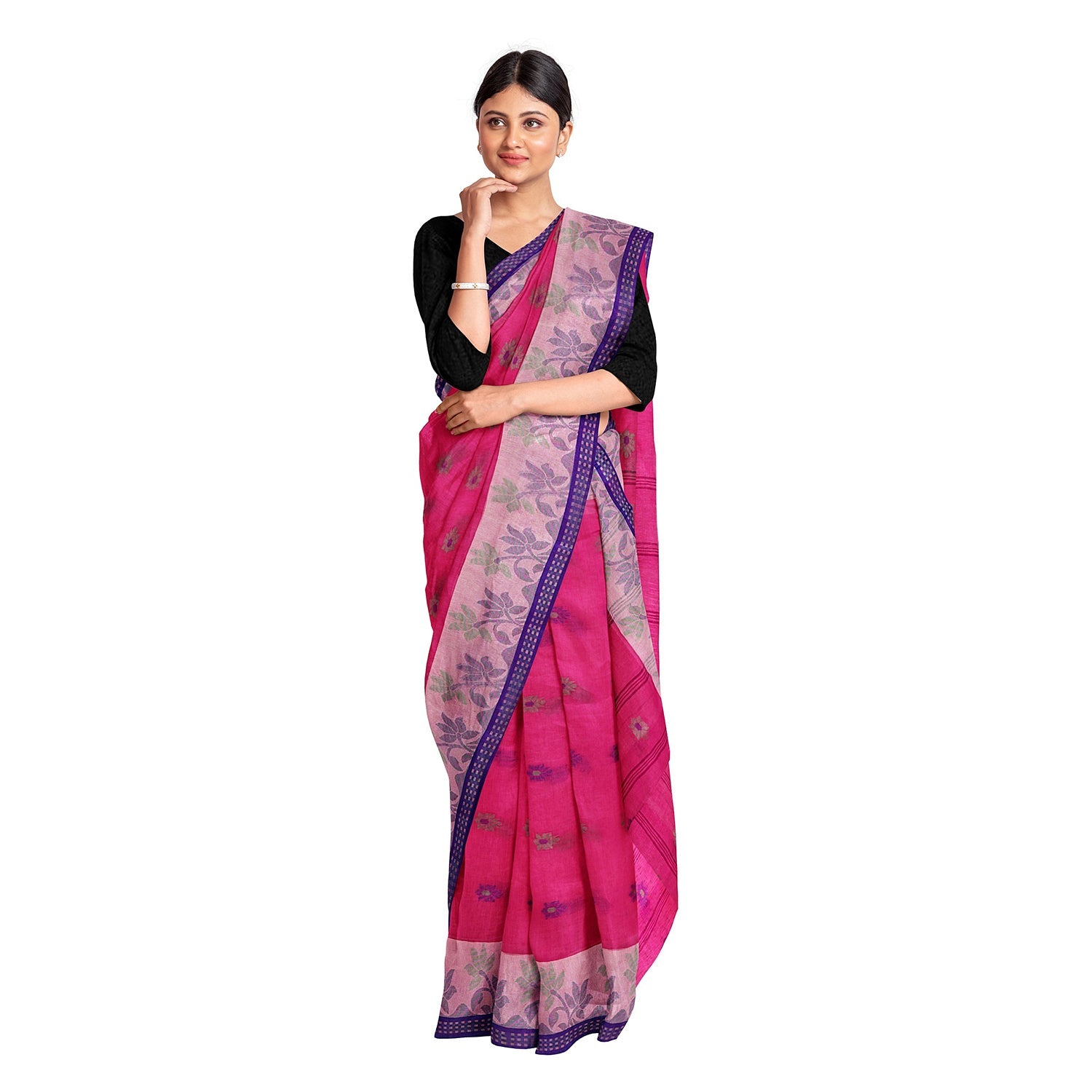Exclusive Collection 100% Pure Cotton Pink Tant Saree With Hand Weaving Work | Grocsy