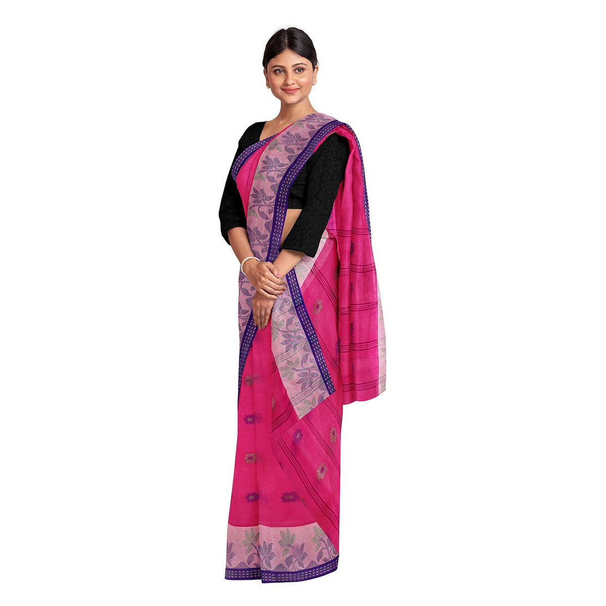 Exclusive Collection 100% Pure Cotton Pink Tant Saree With Hand Weaving Work | Grocsy