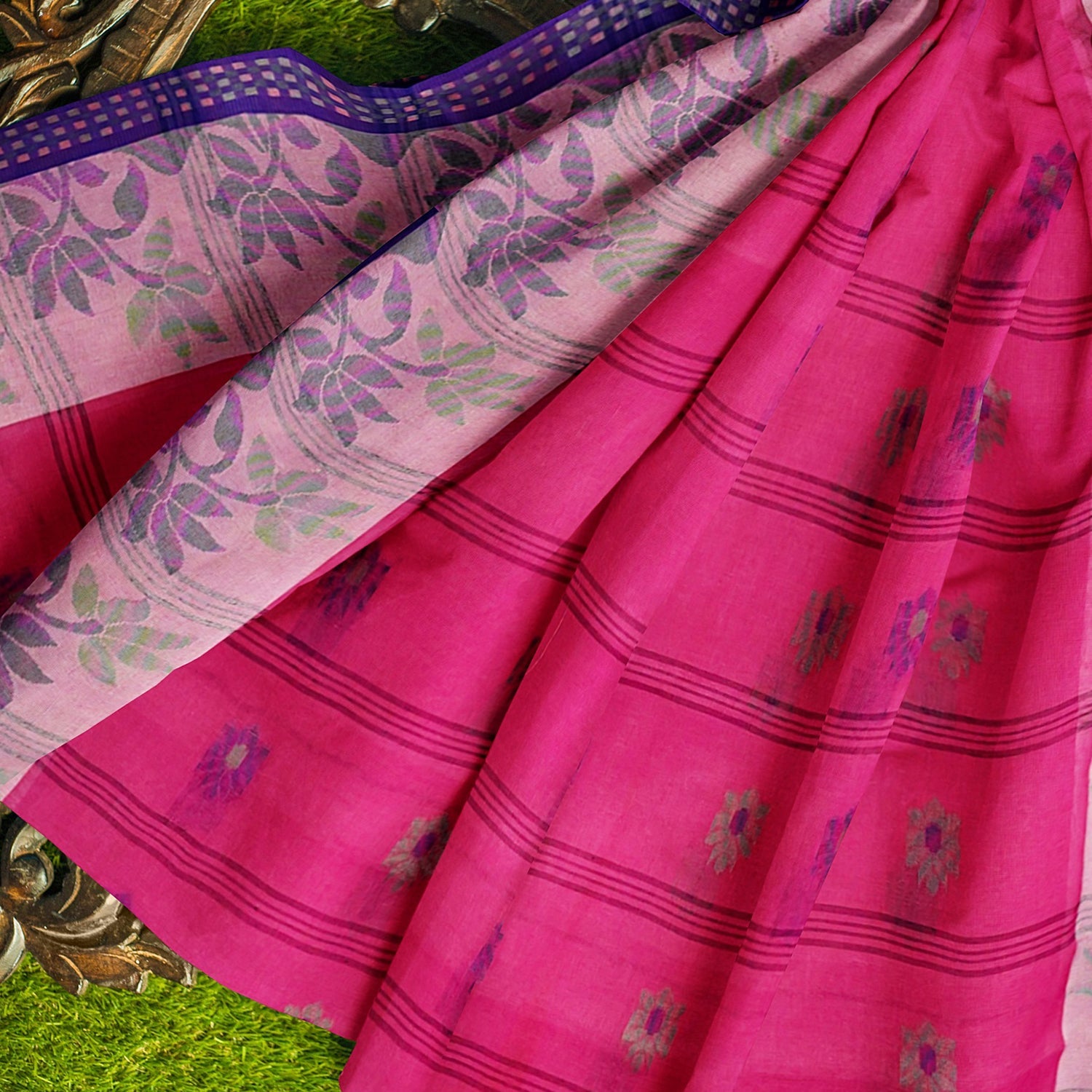 Exclusive Collection 100% Pure Cotton Pink Tant Saree With Hand Weaving Work | Grocsy