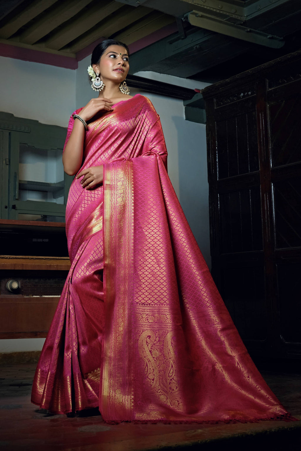 Vardha Ruby Pink Golden Zari Kanjeevaram Silk Saree | Grocsy