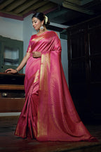Vardha Ruby Pink Golden Zari Kanjeevaram Silk Saree | Grocsy