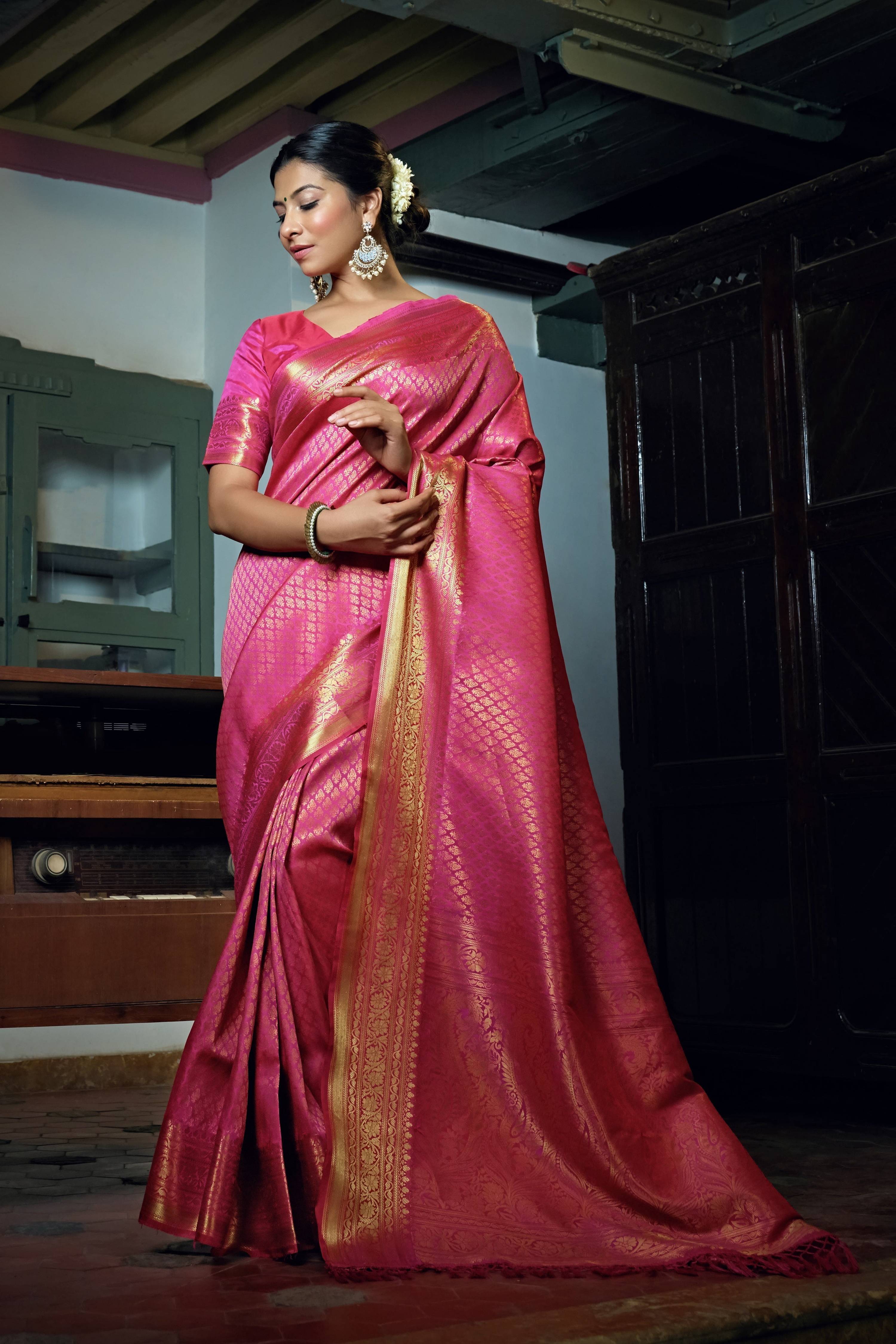 Vardha Ruby Pink Golden Zari Kanjeevaram Silk Saree | Grocsy