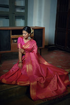 Vardha Ruby Pink Golden Zari Kanjeevaram Silk Saree | Grocsy