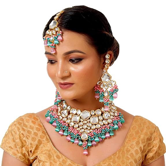 Tehzeeb Creations Meenakari Gold-Polished Multi Color Uncut dibbi Kundan Combo Necklace Set For Women | Grocsy