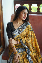 Arfa Fashion House Mustered Combination Pure Chanderi Cotton Batik Printed Saree | Grocsy