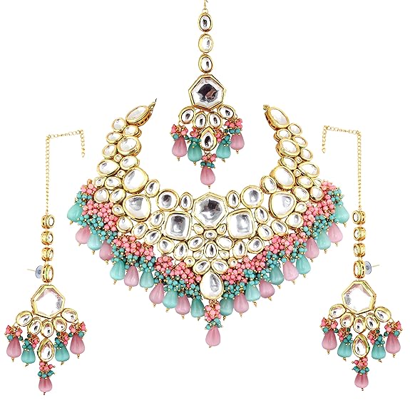 Tehzeeb Creations Meenakari Gold-Polished Multi Color Uncut dibbi Kundan Combo Necklace Set For Women | Grocsy