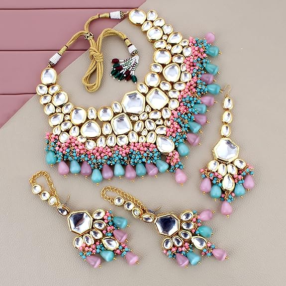 Tehzeeb Creations Meenakari Gold-Polished Multi Color Uncut dibbi Kundan Combo Necklace Set For Women | Grocsy