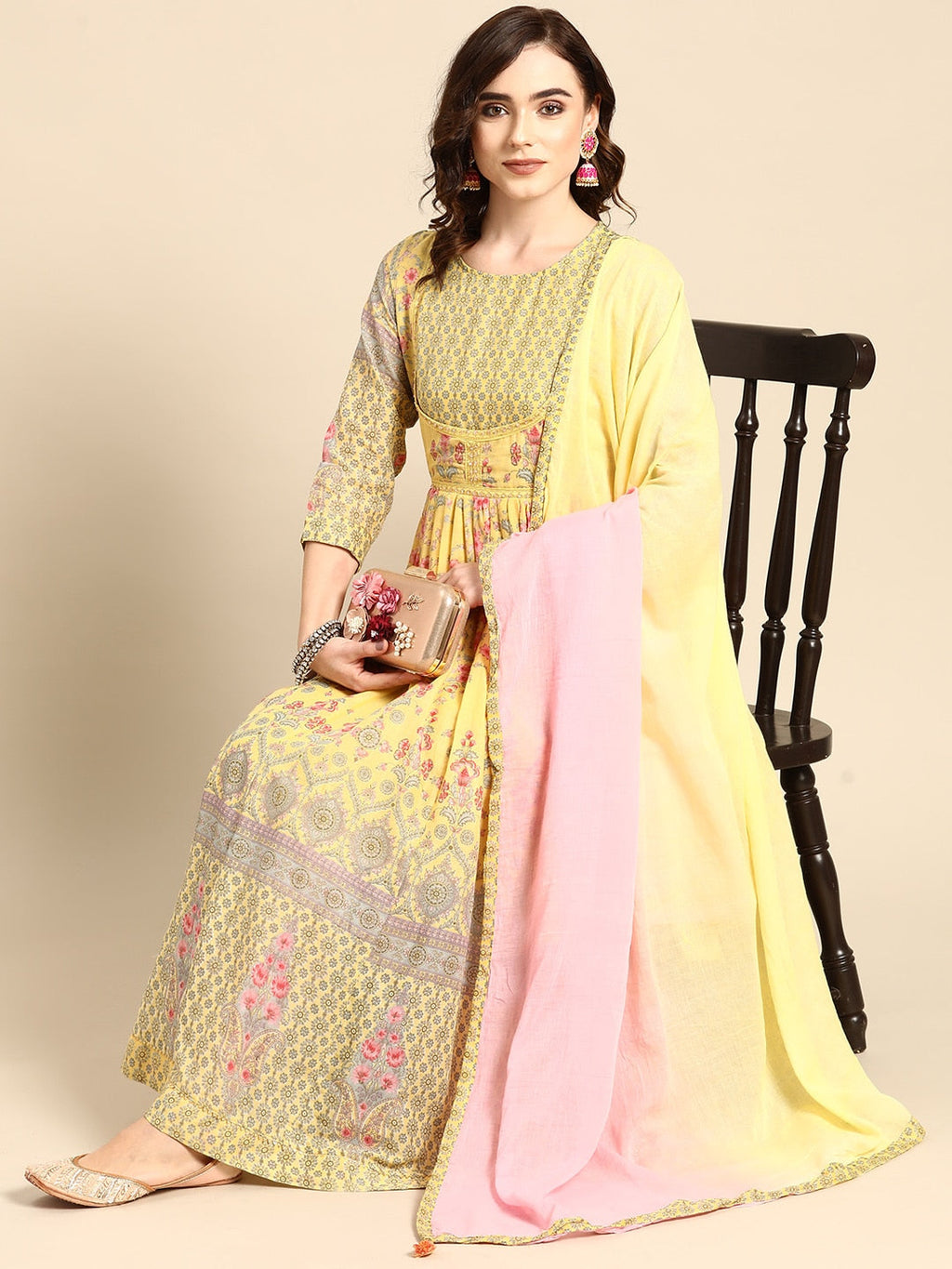 Sangria Women Yellow & Pink Floral Printed Anarkali Kurta | Grocsy