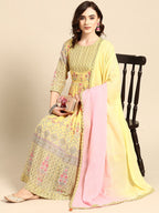 Sangria Women Yellow & Pink Floral Printed Anarkali Kurta | Grocsy