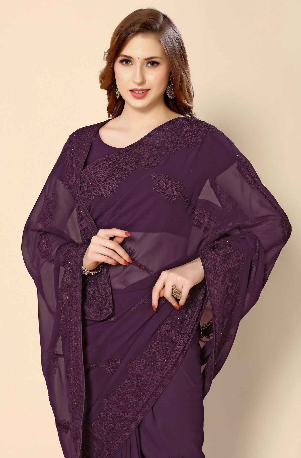 Purple Georgette Embroidered and Stone Work Saree with Unstitched Blouse Piece - Roozal | Grocsy