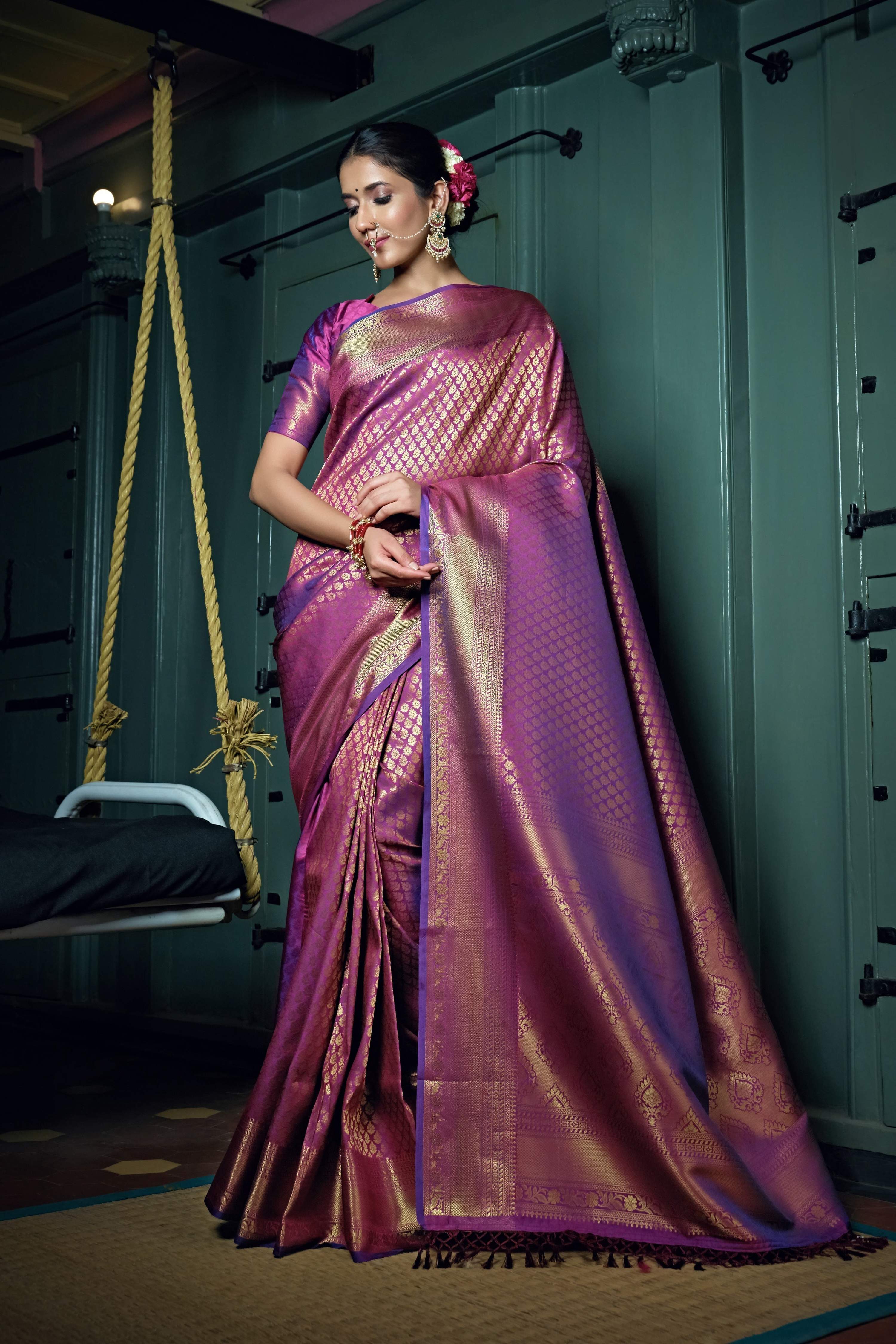Vardha Mauve Purple Golden Zari Kanjeevaram Silk Saree | Grocsy