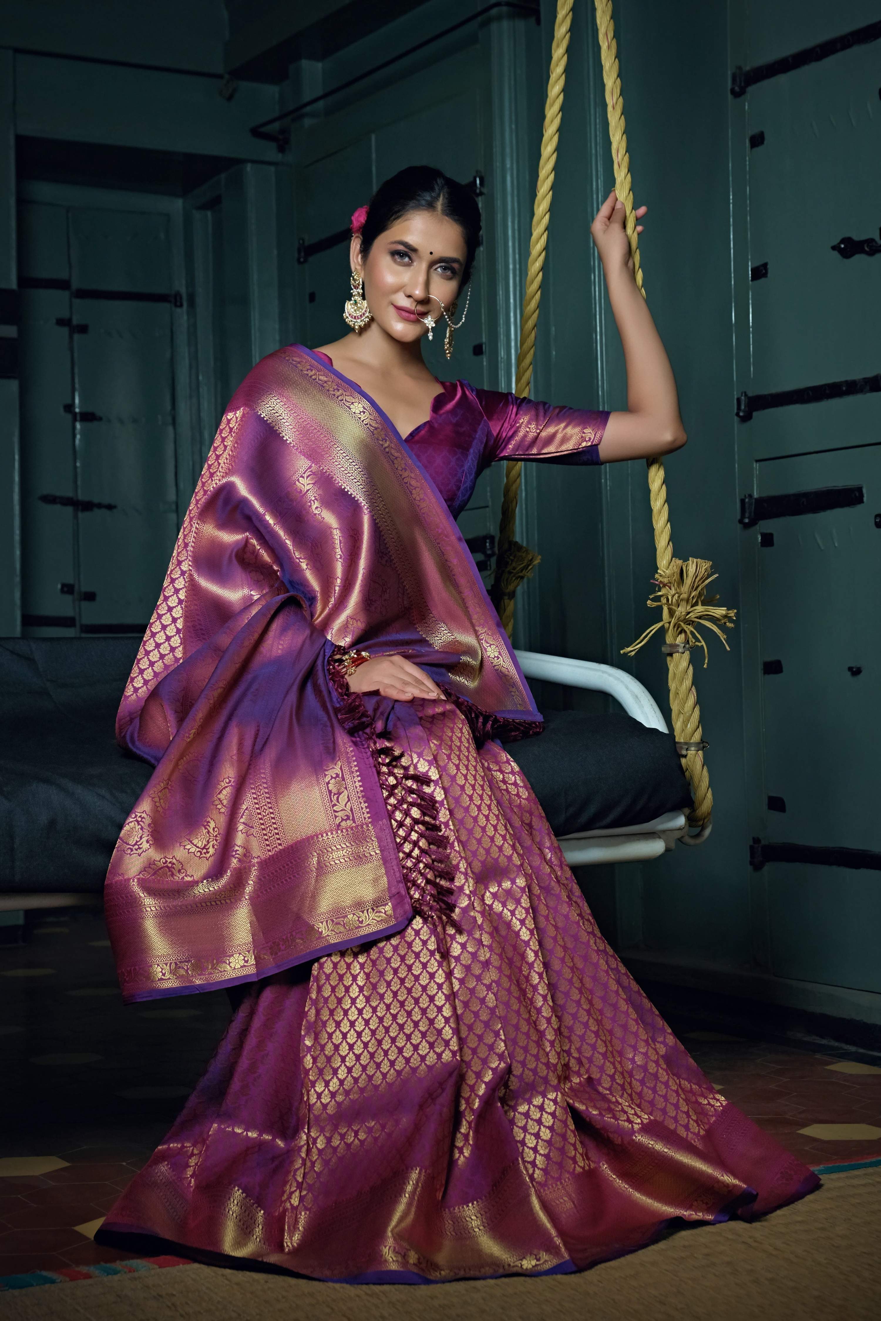 Vardha Mauve Purple Golden Zari Kanjeevaram Silk Saree | Grocsy