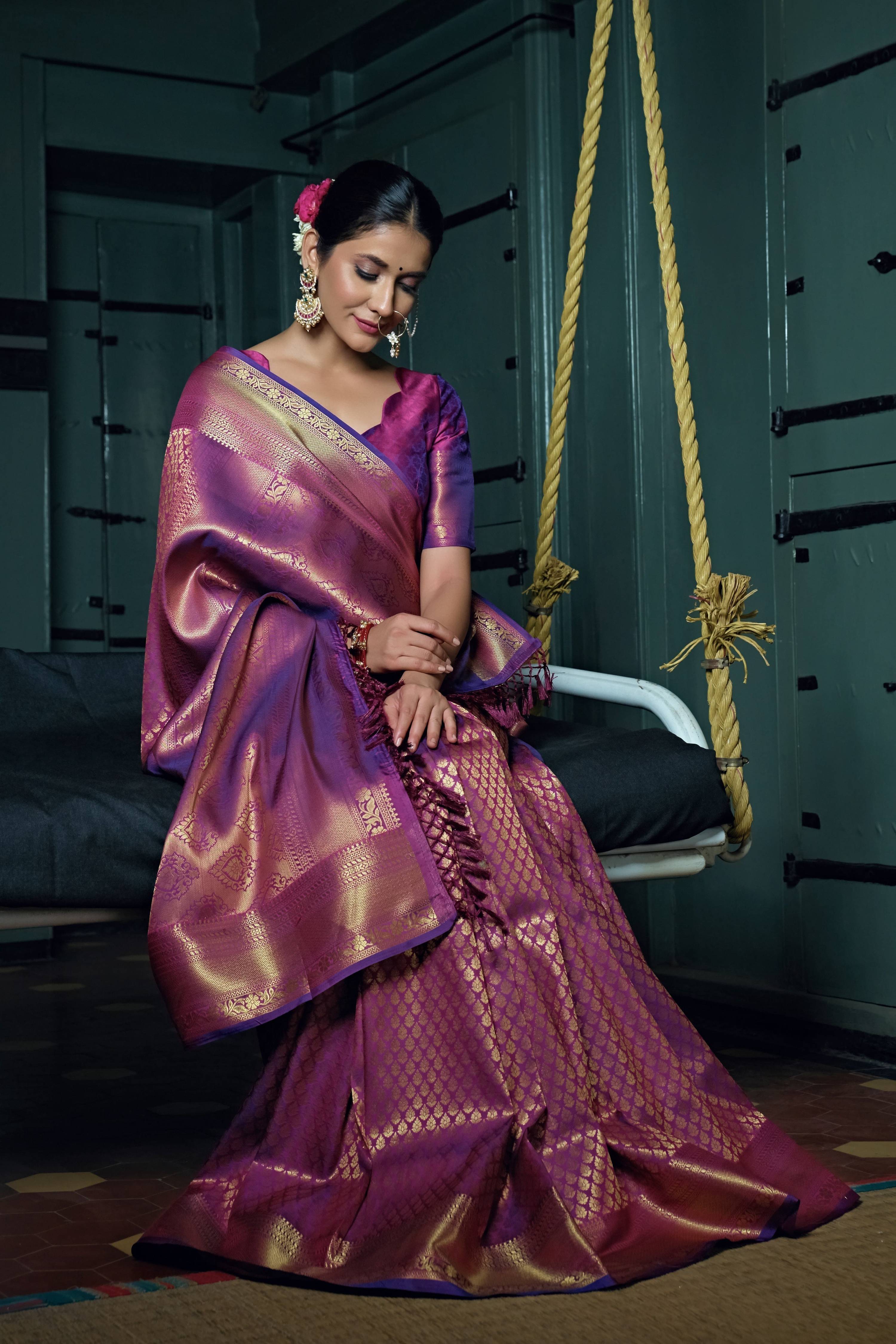 Vardha Mauve Purple Golden Zari Kanjeevaram Silk Saree | Grocsy