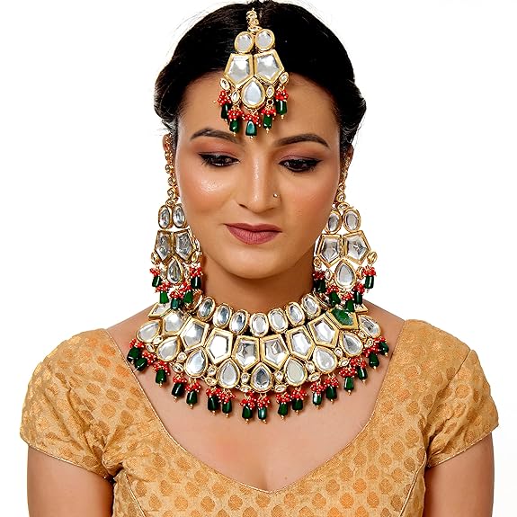 Tehzeeb Creations Back Meenakari Gold-Polished Multicolor Color Tika Earring Jewellery Set Uncut Big Faux Kundan Dibbi Kundan Choker Necklace Set | Grocsy