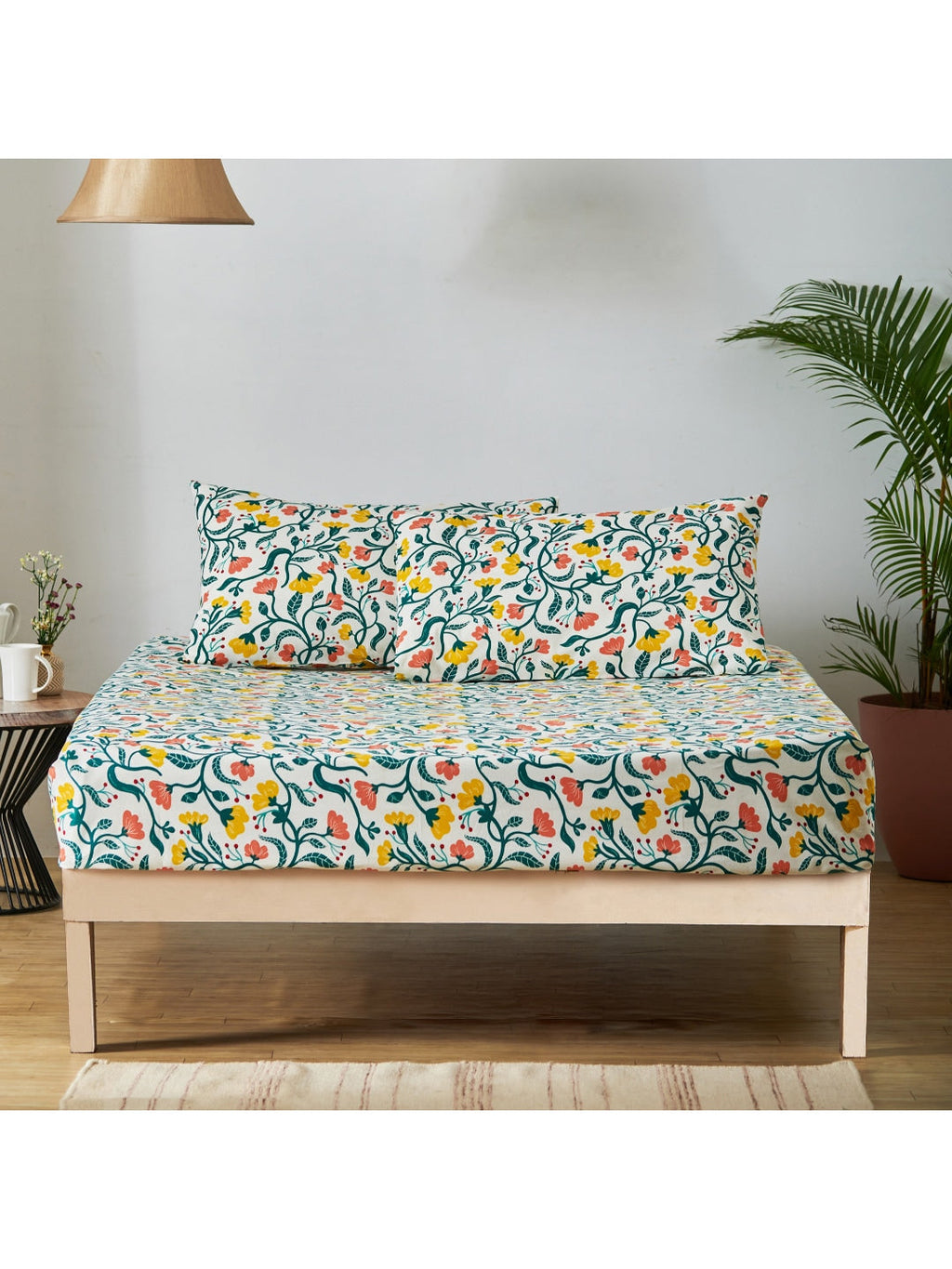 Chumbak White & Yellow Floral 136 TC Cotton 1 Queen Bedsheet with 2 Pillow Covers | Grocsy