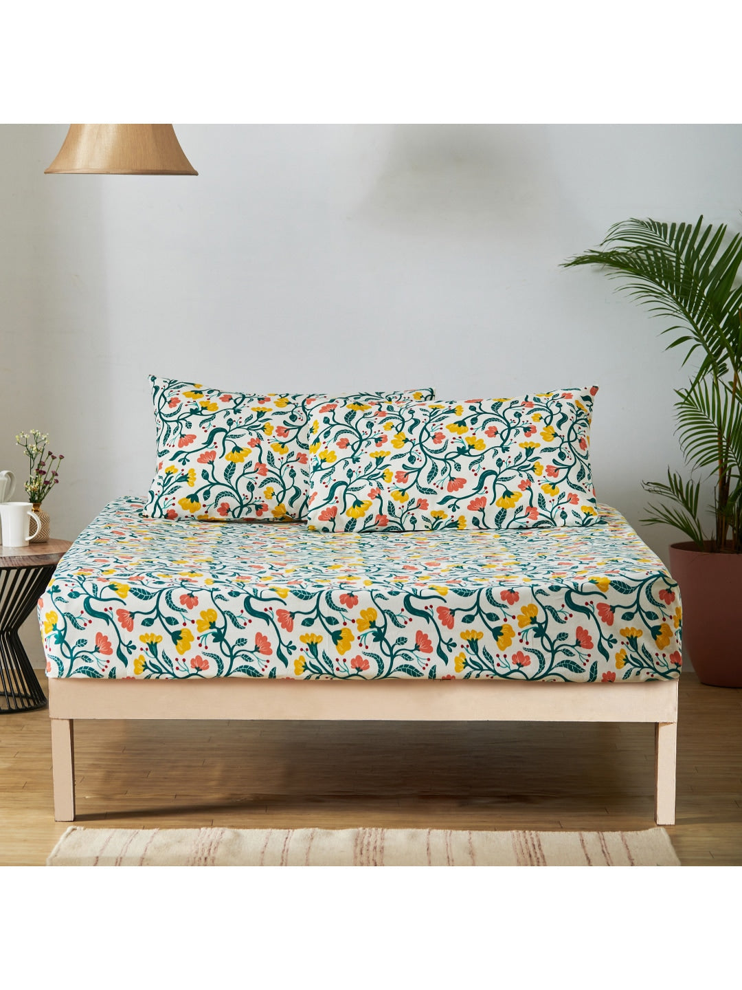 Chumbak White & Yellow Floral 136 TC Cotton 1 Queen Bedsheet with 2 Pillow Covers | Grocsy