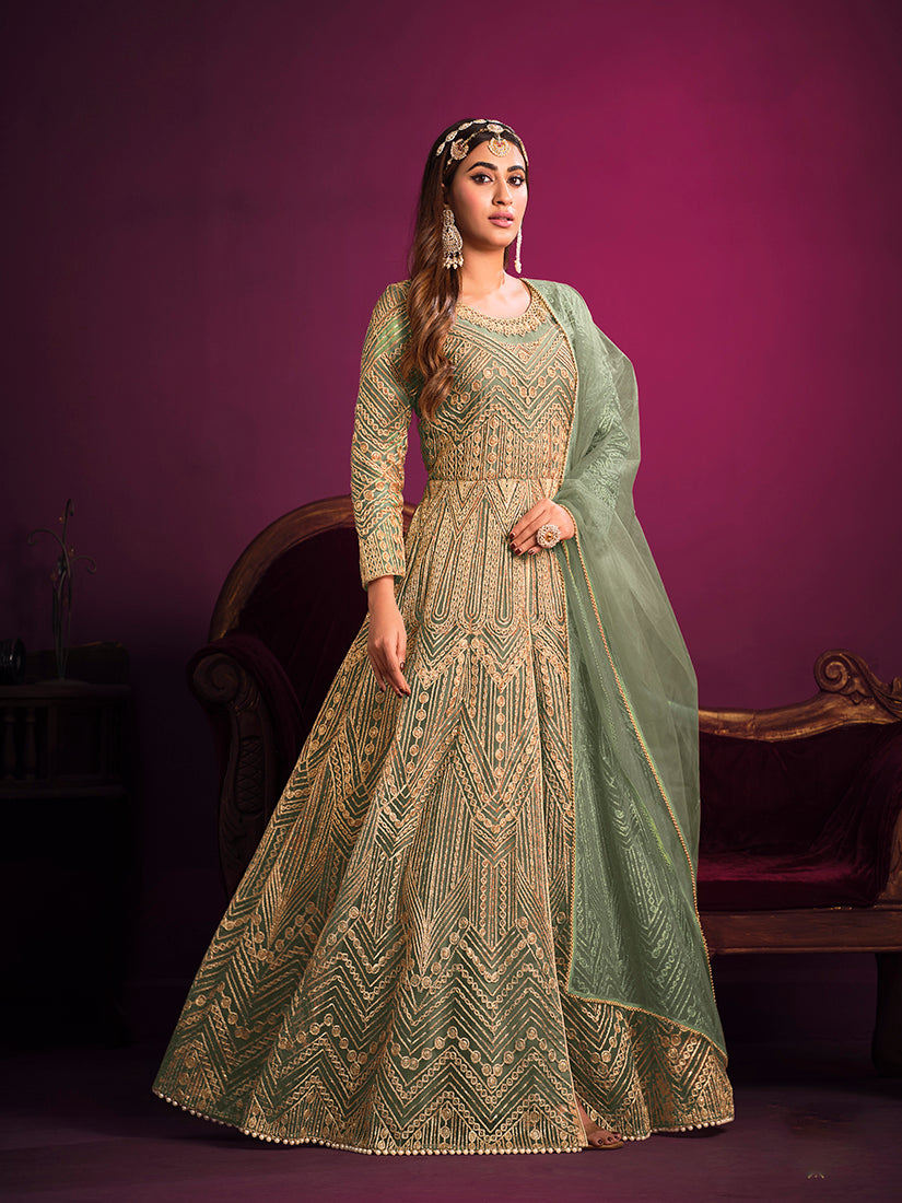 Monjolika Fashion Light Green Sangeet Net Designer Salwar Suit | Grocsy