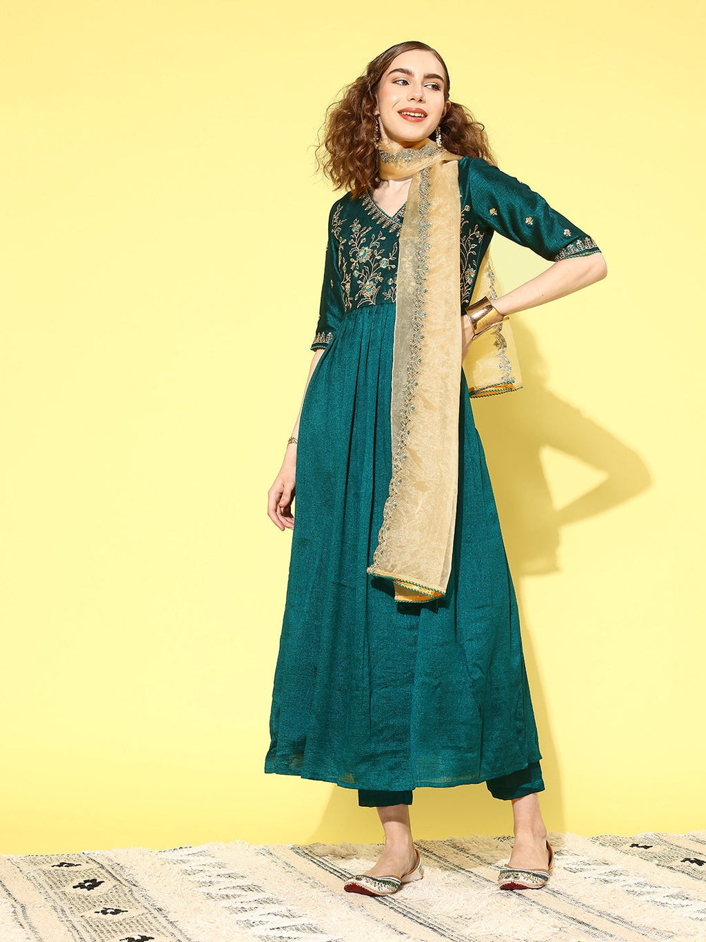 Sangria Women Floral Embroidered Angrakha Kurta with Trousers & With Dupatta | Grocsy