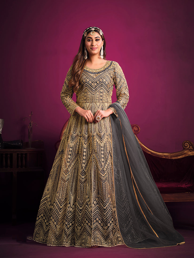 Monjolika Fashion Grey Sangeet Net Designer Salwar Suit | Grocsy
