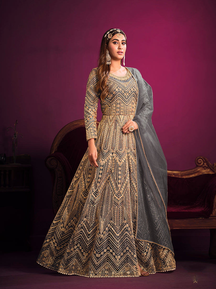 Monjolika Fashion Grey Sangeet Net Designer Salwar Suit | Grocsy