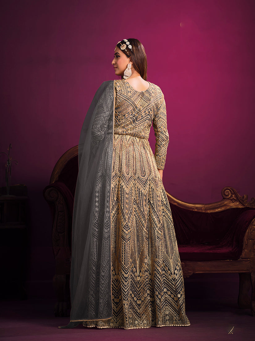 Monjolika Fashion Grey Sangeet Net Designer Salwar Suit | Grocsy