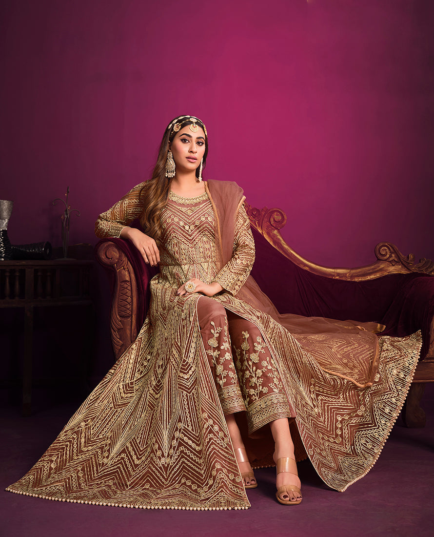 Monjolika Fashion Peach Sangeet Net Designer Salwar Suit | Grocsy