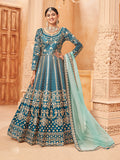 Monjolika Fashion Teal Color Art Silk Embroidered Anarkali Salwar Kameez | Grocsy