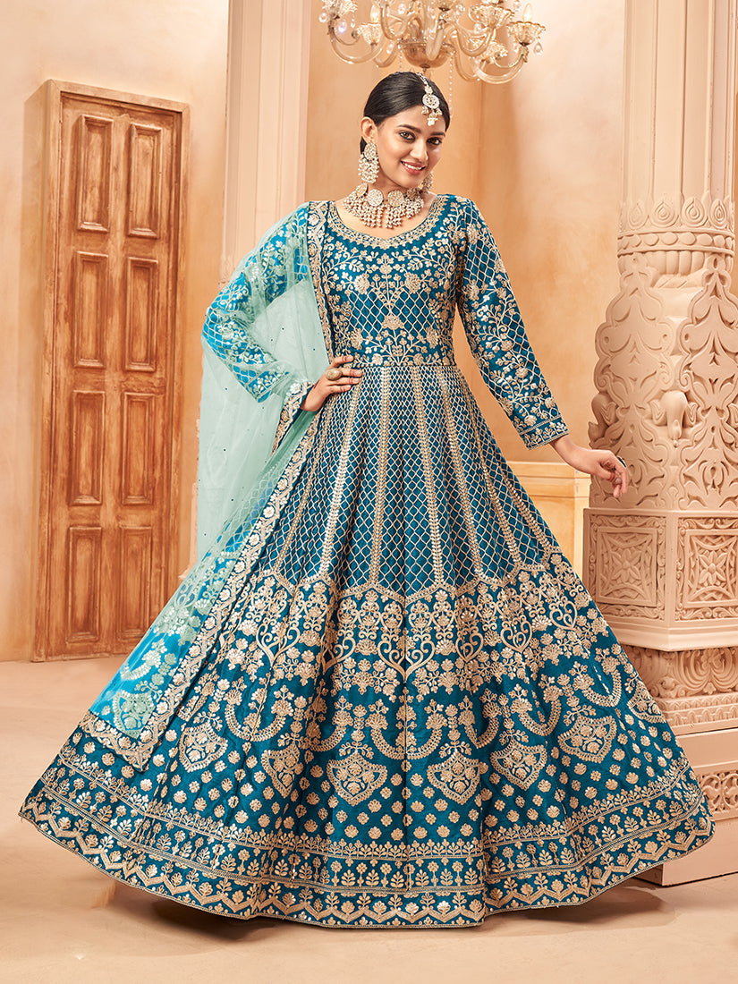 Monjolika Fashion Teal Color Art Silk Embroidered Anarkali Salwar Kameez | Grocsy