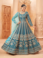 Monjolika Fashion Teal Color Art Silk Embroidered Anarkali Salwar Kameez | Grocsy